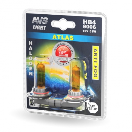 Галогенная лампа AVS /ATLAS ANTI-FOG/желтый HB4/9006.12V.51W.блистер 2шт. фото 1