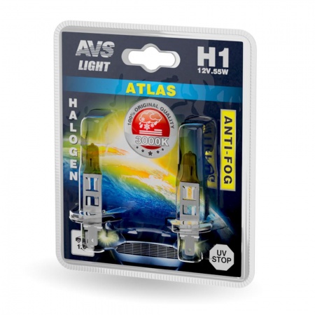 Галогенная лампа AVS /ATLAS ANTI-FOG/желтый H1.12V.55W.блистер 2шт. фото 1