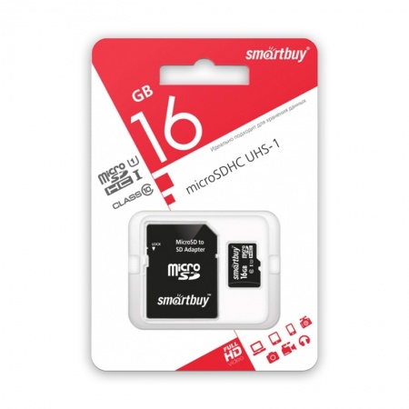 Карта памяти MicroSD 16GB Smart Buy Class 10 UHS-I +SD адаптер фото 1