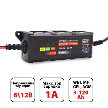 Зарядное устройство для автомобильного аккумулятора AVS BT-1S (1A, 20W) 6/12V фото 1
