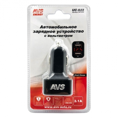 Автомобильное зарядное устройство USB с вольтметром (2 порта, 3.1А) (черный) AVS UC-523 фото 1